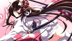 Rule 34 | 1girl, alternate element, brown eyes, brown hair, fire, hinomoto oniko, hogehoge (16x9are), horns, japanese clothes, katana, kimono, long hair, mask, md5 mismatch, oni, oni mask, original, personification, scabbard, sheath, solo, source request, sword, very long hair, weapon