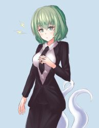 Rule 34 | 1girl, alternate costume, black jacket, black necktie, blue background, breasts, collared shirt, commentary, formal, ghost tail, green eyes, green hair, highres, jacket, lightning bolt symbol, long sleeves, looking at viewer, medium breasts, necktie, pygrenix, shirt, short hair, simple background, soga no tojiko, solo, touhou, white shirt