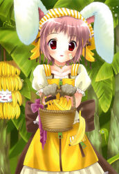 Rule 34 | 1girl, absurdres, animal, banana, banana hair ornament, bandaid, bandaid on cheek, bandaid on face, basket, blush, bow, brown gloves, brown hair, collarbone, dress, food, food-themed hair ornament, fruit, gloves, hair ornament, highres, holding, jewelry, looking at viewer, necklace, open mouth, posh, praying mantis, puffy sleeves, rabbit ears, red eyes, shirt, short hair, short sleeves, sleeveless, sleeveless dress, snake, standing, waist bow, white shirt, yellow dress