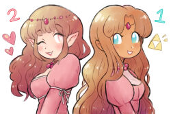 Rule 34 | 2girls, age difference, back-to-back, blue eyes, blush, breasts, brown hair, dress, elf, grin, heart, jewelry, long hair, long sleeves, looking back, medium breasts, multiple girls, necklace, nintendo, one eye closed, pink dress, pointy ears, princess zelda, smile, spoken heart, standing, the legend of zelda, the legend of zelda (nes), tiara, triforce, wink, zelda ii: the adventure of link