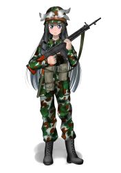 Rule 34 | absurdres, battle rifle, boots, camouflage, girls&#039; frontline, gun, highres, howa type 64, howa type 64 (girls&#039; frontline), japan ground self-defense force, japan self-defense force, military, military uniform, rifle, solo, uniform, user gukx3852, weapon