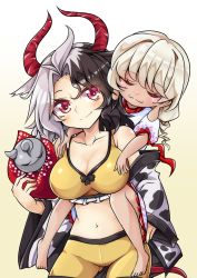 Rule 34 | 2girls, :3, bare shoulders, black hair, blush, breasts, carrying, cleavage, closed eyes, collarbone, commentary request, cow horns, cow tail, cowboy shot, dark-skinned female, dark skin, earlobes, ebisu eika, frills, gradient background, hair flaps, haori, head tilt, highres, holding, horns, japanese clothes, keyaki chimaki, large breasts, long earlobes, long sleeves, looking at viewer, midriff, multicolored hair, multiple girls, navel, off shoulder, piggyback, puffy short sleeves, puffy sleeves, red eyes, shirt, short hair, short sleeves, shorts, silver hair, smile, split-color hair, sports bra, standing, stomach, tail, touhou, two-tone hair, ushizaki urumi, white background, white shirt, wide sleeves, yellow background, yellow shorts
