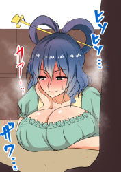 Rule 34 | 1girl, blue dress, blue hair, blush, breast rest, breasts, cleavage, closed mouth, diisuke, dress, drill hair, drill sidelocks, embarrassed, green eyes, hair between eyes, hair ornament, hair rings, hair stick, huge breasts, kaku seiga, looking away, nose blush, puffy short sleeves, puffy sleeves, shawl, short sleeves, sidelocks, smile, solo, tears, touhou