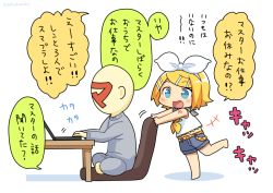 Rule 34 | +++, 1boy, 1girl, bare shoulders, blonde hair, blue eyes, bow, chibi, collar, commentary, computer, crossed legs, fang, grey collar, grey pants, grey shirt, grey shorts, hair bow, hair ornament, hairclip, kagamine rin, laptop, leg up, master (vocaloid), nokuhashi, open mouth, pants, sailor collar, shirt, shorts, shoulder tattoo, sitting, sleeveless, sleeveless shirt, smile, swept bangs, table, tattoo, translated, typing, vocaloid, white bow, white shirt