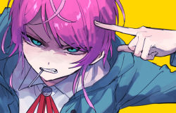 Rule 34 | 1boy, amemura ramuda, blue hoodie, candy, clenched teeth, commentary request, food, glaring, green eyes, highres, hood, hoodie, hypnosis mic, lollipop, long sleeves, male focus, necktie, pink hair, pointing, pointing at self, portrait, red necktie, shindyushiyou, shirt, short hair, short hair with long locks, simple background, solo, teeth, white shirt, yellow background