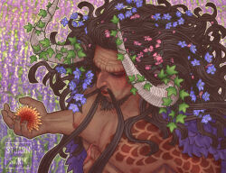 Rule 34 | 1boy, beard, black hair, chest tattoo, closed eyes, coat, curled horns, facial hair, flower, from above, fur coat, hair flower, hair ornament, highres, holding, holding flower, horns, kaidou (one piece), large pectorals, long hair, male focus, mature male, mustache, nipples, one piece, parted lips, pectorals, scar, scar on stomach, solo focus, stjarnskrik, tattoo, upper body, watermark