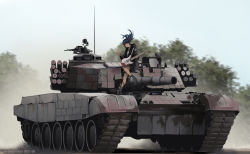 Rule 34 | 1girl, artist name, black hair, dead-robot, dust, guitar, holding, holding instrument, instrument, looking at viewer, military, military vehicle, mixed-language commentary, motor vehicle, on vehicle, original, outdoors, poland, polish army, ponytail, scenery, sitting, solo, tank, turret, watermark