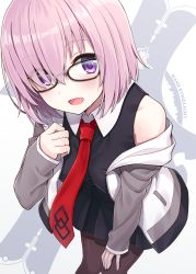 Rule 34 | 1girl, :d, black-framed eyewear, black pantyhose, black shirt, black skirt, blush, breasts, character name, collared shirt, eyes visible through hair, fate/grand order, fate (series), glasses, hair over one eye, head tilt, highres, hyuuga azuri, jacket, leaning forward, light purple hair, looking at viewer, mash kyrielight, medium breasts, necktie, off shoulder, open clothes, open jacket, open mouth, pantyhose, pleated skirt, purple eyes, red necktie, shield, shirt, silhouette, skirt, sleeves past wrists, smile, solo, white background, white shirt, wing collar