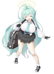 Rule 34 | 1girl, ahoge, bandaid, black footwear, black gloves, black skirt, blue archive, blue necktie, blush, breasts, closed eyes, collared shirt, commentary request, gloves, green hair, halo, highres, huge ahoge, koflif, large breasts, long hair, long sleeves, necktie, open mouth, pleated skirt, shield, shirt, shoes, simple background, skirt, smile, socks, solo, white background, white shirt, white socks, yellow halo, yume (blue archive)