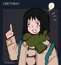 Rule 34 | 1girl, artist name, black eyes, black hair, blush, brown coat, coat, commentary, english commentary, english text, green scarf, index finger raised, kaogens, kurata tome, light bulb, long sleeves, looking at viewer, mob psycho 100, open mouth, scarf, short hair, smile, solo, tofu juuji, tweet, twitter, upper body