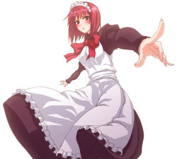 Rule 34 | 00s, 1girl, blush, bow, dress, hisui (tsukihime), maid, pepe (pepe&#039;s hp), pointing, red eyes, red hair, short hair, simple background, solo, tsukihime