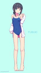 Rule 34 | 1girl, barefoot, black hair, blue background, blue one-piece swimsuit, character name, collarbone, competition school swimsuit, dated, drawstring, fubuki (kancolle), full body, green eyes, highres, jacket, kantai collection, looking at viewer, low ponytail, nakaaki masashi, one-piece swimsuit, open clothes, open jacket, ponytail, school swimsuit, short ponytail, sidelocks, simple background, solo, standing, swimsuit, twitter username, white jacket