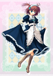 Rule 34 | 1girl, bad id, bad pixiv id, blue eyes, boots, corset, cross-laced footwear, female focus, full body, futaori arisa, high heel boots, high heels, highres, lace-up boots, layered sleeves, long sleeves, maid, maid cap, maid headdress, original, red hair, short hair, short over long sleeves, short sleeves, solo, twintails, two side up