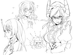 Rule 34 | 1boy, 3girls, ahoge, angry, blunt bangs, breasts, clenched teeth, closed eyes, collared dress, commentary request, corset, dragon girl, dragon horns, dress, frills, furrowed brow, furry, furry male, glasses, greyscale, hat, horns, lion boy, long hair, long sleeves, maid, maria (housamo), medium breasts, melusine (housamo), mob cap, monochrome, monocle, multiple girls, necktie, nizitaro, nun, own hands clasped, own hands together, pointy ears, praying, protagonist 2 (housamo), puffy long sleeves, puffy sleeves, short hair with long locks, snow (housamo), sparkle, teeth, tokyo houkago summoners, upper body, wavy hair, white background