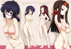 Rule 34 | 10s, 2girls, arm at side, arms under breasts, black hair, blue eyes, blush, breasts, brown hair, cleft of venus, completely nude, girls und panzer, glasses, groin, highres, kurashima tomoyasu, large breasts, multiple girls, navel, nipples, nude, nude filter, oryou (girls und panzer), pussy, red eyes, saemonza (girls und panzer), slouching, third-party edit, uncensored