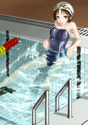 Rule 34 | 10s, 1girl, :d, absurdres, afloat, against wall, arm support, armpits, barefoot, blue one-piece swimsuit, breasts, brown eyes, brown hair, ccjn, collarbone, competition school swimsuit, dutch angle, full body, glasses, glasslip, goggles, goggles on head, happy, highres, indoors, lane line, long hair, looking at viewer, matching hair/eyes, medium breasts, one-piece swimsuit, open mouth, original, parted bangs, partially submerged, pool, pool ladder, ripples, school swimsuit, shade, shadow, shiny clothes, short hair, single vertical stripe, smile, solo, sparkle, spread legs, swim cap, swimsuit, tile floor, tile wall, tiles, water, wet, wet clothes