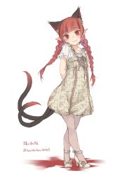 Rule 34 | 1girl, alternate costume, animal ears, arms behind back, blunt bangs, blush, bow, braid, cat ears, cat tail, contemporary, crossed legs, dress, extra ears, full body, head tilt, high heels, highres, kaenbyou rin, long hair, looking at viewer, multiple tails, nekomata, pantyhose, pointy ears, print dress, red eyes, red hair, see-through, see-through legwear, shoes, short dress, solo, standing, tail, touhou, toutenkou, twin braids, twitter username, two tails, watson cross, white background, white dress, white footwear