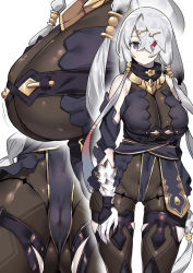 Rule 34 | 1girl, arm under breasts, atelier (series), atelier ryza, atelier ryza 1, belt, blue belt, blush, bodysuit, breasts, brown bodysuit, crossed bangs, gluteal fold, grey eyes, grey hair, hair ornament, hairclip, heterochromia, hood, hooded vest, hoodie, large breasts, leather belt, lila decyrus, long hair, looking at viewer, low twintails, multiple views, nail polish, pale skin, red eyes, shayoo, simple background, skindentation, thighs, twintails, vest, white background