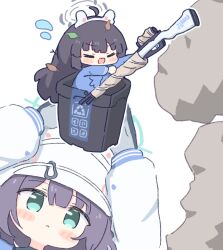 Rule 34 | 2girls, ahoge, animal ears, aqua eyes, arms up, arrow (symbol), black gloves, black hair, blue archive, blush stickers, chibi, closed eyes, closed mouth, commentary, fake animal ears, flying sweatdrops, gloves, grey gloves, grey halo, gun, halo, holding, holding gun, holding weapon, leaf, leaf on head, light frown, long hair, long sleeves, miyu (blue archive), multiple girls, no nose, open mouth, outstretched arms, rabbit ears, recycle bin, recycling symbol, saki (blue archive), two-tone gloves, umihio, v-shaped eyebrows, very long hair, weapon