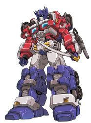 Rule 34 | absurdres, arm cannon, autobot, blue eyes, highres, holding, holding sword, holding weapon, looking ahead, mecha, nasutetsu, optimus prime, redesign, robot, science fiction, solo, sword, transformers, weapon, wheel, white background