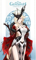 Rule 34 | 1girl, absurdres, blonde hair, blue eyes, breasts, cape, cleavage, collarbone, cowboy shot, dress, fatui logo, genshin impact, hand on own hip, highres, lipstick, long hair, makeup, mask, mask over one eye, medium breasts, pelvic curtain, red cape, red lips, signora (genshin impact), solo, spiritcake16, strapless, strapless dress, thighs, very long hair