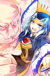 Rule 34 | 1boy, 1girl, blue eyes, blue hair, commentary request, facial hair, hood, jewelry, kumoi ichirin, kutsuki kai, long sleeves, looking at viewer, medium hair, mustache, one-hour drawing challenge, open mouth, parted bangs, ring, touhou, unzan