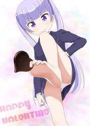 Rule 34 | 1girl, barefoot, between toes, blush, candy, chocolate, chocolate heart, feet, female focus, food, foot focus, holding with feet, formal, from below, hand on own hip, heart, highres, light purple hair, long hair, looking at viewer, new game!, ogyadya, panties, pantyshot, pov, purple eyes, smile, soles, solo, suit, suzukaze aoba, toes, twintails, underwear, upskirt