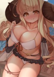 Rule 34 | 1girl, ahoge, anila (granblue fantasy), anila (summer) (granblue fantasy), belly chain, bikini, bikini top lift, blonde hair, blunt bangs, blush, breast lift, breasts, clothes lift, collarbone, detached sleeves, draph, female focus, frilled sleeves, frills, granblue fantasy, hair ornament, highres, horns, jewelry, large breasts, long hair, long sleeves, looking at viewer, luonawei, multi-strapped bikini, navel, nose blush, sheep horns, short eyebrows, sitting, smile, solo, swimsuit, thick eyebrows, thigh strap, very long hair, white bikini, white sleeves, yellow eyes