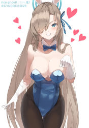Rule 34 | 1girl, animal ears, asuna (blue archive), asuna (bunny) (blue archive), black pantyhose, blue archive, blue bow, blue bowtie, blue eyes, blue leotard, blue ribbon, blush, bow, bowtie, breasts, cleavage, detached collar, fake animal ears, gloves, gohan oni, grin, hair over one eye, hair ribbon, halo, heart, highres, large breasts, leotard, light brown hair, looking at viewer, mole, mole on breast, pantyhose, playboy bunny, rabbit ears, ribbon, simple background, smile, solo, strapless, strapless leotard, traditional bowtie, twitter username, white background, white gloves