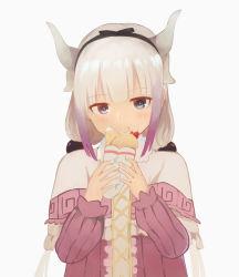 Rule 34 | 10s, 1girl, bad id, bad pixiv id, beads, commentary request, crepe, dragon horns, dress, food, fruit, gradient hair, hair beads, hair ornament, hairband, highres, holding, holding food, horns, kanna kamui, kobayashi-san chi no maidragon, light purple hair, long hair, looking at viewer, multicolored hair, risuno (kukucucu0987), silver hair, simple background, solo, straight-on, strawberry, upper body