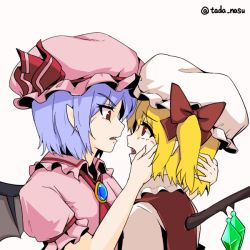Rule 34 | 2girls, artist name, bat wings, blonde hair, blue hair, bow, brooch, commentary request, crystal, dress, eye contact, fang, flandre scarlet, frilled shirt collar, frills, from side, hair between eyes, hair bow, hat, hat ribbon, jewelry, jojo no kimyou na bouken, looking at another, mob cap, multiple girls, one side up, open mouth, pink dress, pink hat, pointy ears, profile, puffy short sleeves, puffy sleeves, red bow, red eyes, red ribbon, red vest, remilia scarlet, ribbon, shirt, short sleeves, siblings, simple background, sisters, tada no nasu, touhou, twitter username, v-shaped eyebrows, vento aureo, vest, white background, white hat, white shirt, wings