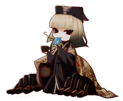 Rule 34 | 1girl, black eyes, black hair, black hat, black kimono, blunt bangs, breasts, chibi, cup, disembodied hand, fate/grand order, fate (series), flower, ghost hands, gradient hair, grey hair, hat, japanese clothes, kimono, long sleeves, looking at viewer, medium hair, multicolored hair, nagushio, obi, open mouth, sash, sen no rikyu (fate), sen no rikyu (second ascension) (fate), small breasts, smile, solo focus, tassel, wide sleeves, yunomi