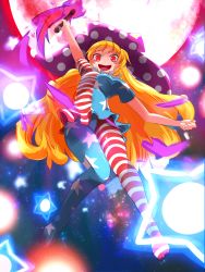 Rule 34 | 1girl, absurdres, american flag dress, american flag legwear, arm up, big hair, blonde hair, breasts, clownpiece, commentary request, danmaku, full body, hat, highres, jester cap, large hat, long hair, looking at viewer, looking down, md5 mismatch, moon, nama shirasu, open mouth, pantyhose, red eyes, red moon, resolution mismatch, short sleeves, small breasts, smile, solo, source smaller, space, spell card, thighs, toes, torch, touhou, very long hair