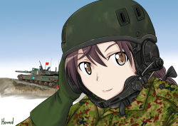 Rule 34 | 1girl, artist name, brown eyes, caterpillar tracks, commentary request, day, flag, gertrud barkhorn, grass, hat, highres, hound (ss-7), military, military hat, military uniform, military vehicle, motor vehicle, rheinmetall rh-120, sky, smile, strike witches, tank, type 90 (tank), uniform, world witches series