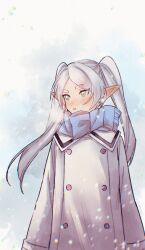 Rule 34 | 1girl, blue scarf, breath, buttons, coat, commentary, cowboy shot, earrings, elf, frieren, green eyes, highres, jewelry, long hair, long sleeves, looking to the side, mouyi, official alternate costume, outdoors, parted bangs, parted lips, pointy ears, scarf, snow, snowing, solo, sousou no frieren, symbol-only commentary, twintails, white coat, white hair, winter clothes, winter coat