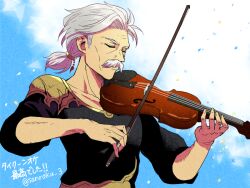 Rule 34 | 1boy, armor, black shirt, blue sky, bow (music), closed eyes, facial hair, final fantasy, final fantasy v, galuf halm baldesion, gold armor, gold trim, grey hair, hair tie, holding, holding bow (music), holding instrument, instrument, low ponytail, male focus, music, mustache, old, old man, parted bangs, playing instrument, rolling eyes, sanroku 3, shirt, shoulder armor, sky, solo, twitter username, upper body, violin