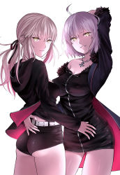 Rule 34 | 2girls, ahoge, arm behind head, arm up, artoria pendragon (all), artoria pendragon (fate), ass, bare shoulders, belt, black dress, black jacket, black ribbon, black shorts, blonde hair, breasts, cleavage, collarbone, commentary request, covered erect nipples, dress, fate/grand order, fate (series), fur trim, grin, happy new year, highres, holding person, hood, hoodie, jacket, jeanne d&#039;arc (fate), jeanne d&#039;arc alter (fate), jeanne d&#039;arc alter (ver. shinjuku 1999) (fate), jewelry, large breasts, long hair, looking at viewer, multiple girls, necklace, new year, off shoulder, official alternate costume, omizu (omz), ponytail, ribbon, saber alter, saber alter (ver. shinjuku 1999) (fate), short dress, short hair, short shorts, shorts, sidelocks, silver hair, smile, standing, thighs, white belt, yellow eyes