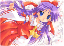 Rule 34 | 1girl, blue eyes, cherry blossoms, collarbone, cosplay, female focus, frills, hair tubes, hakurei reimu, hakurei reimu (cosplay), highres, hiiragi kagami, japanese clothes, long hair, lucky star, midriff, navel, nyanmilla, pleated skirt, purple hair, revision, skirt, solo, touhou, tsurime