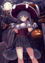 Rule 34 | 1girl, animal ears, bad id, bad pixiv id, black skirt, blush, breasts, broken glass, brown eyes, closed mouth, cloud, cloudy sky, collared shirt, commentary request, cross, frilled gloves, frills, full moon, gate, glass, gloves, glowing, grey hair, hair between eyes, halloween, hat, holding, holding lantern, jack-o&#039;-lantern, lamppost, lantern, large breasts, latin cross, long hair, looking at viewer, moon, night, night sky, original, outdoors, pinky out, pleated skirt, puffy short sleeves, puffy sleeves, pumpkin, rabbit ears, see-through, shirt, short sleeves, skirt, sky, smile, solo, standing, striped clothes, striped skirt, tower, twintails, underbust, usagino suzu, vertical-striped clothes, vertical-striped skirt, white gloves, white hat, white shirt