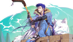 Rule 34 | 1boy, 1other, animal, armor, bad id, bad pixiv id, blue hair, bracelet, capelet, cu chulainn (caster) (fate), cu chulainn (fate), cu chulainn (fate/stay night), dog, earrings, fate/grand order, fate (series), fur, fur-trimmed hood, fur trim, greaves, grin, harem pants, highres, holding, holding weapon, hood, hood down, hooded capelet, jewelry, long hair, male focus, monster haru, pants, red eyes, smile, spiked hair, staff, toeless legwear, type-moon, vambraces, weapon, white wolf, wolf, wooden staff
