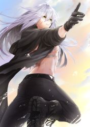 Rule 34 | 1girl, abs, ahoge, belt, black footwear, black gloves, black jacket, boots, breasts, buttons, cloud, commentary request, cuts, evening, eyes visible through hair, gloves, green eyes, hair between eyes, hands up, heterochromia, hood, hood down, injury, jacket, leg up, long hair, looking to the side, messy hair, midriff, open mouth, original, pants, pocket, sarashi, shoe soles, shoelaces, silver hair, sky, small breasts, solo, torn clothes, twilight, waka (shark waka), water, water drop, yellow eyes