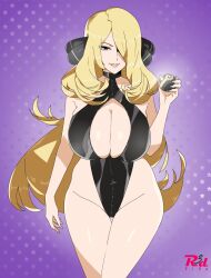 Rule 34 | 1girl, black one-piece swimsuit, blonde hair, breasts, cleavage, creatures (company), curvy, cynthia (pokemon), fur-trimmed sleeves, fur trim, game freak, grey eyes, grin, hair ornament, hair over one eye, hand up, highleg, highleg swimsuit, highres, holding, holding poke ball, large breasts, lips, long hair, looking at viewer, luxury ball, nintendo, one-piece swimsuit, parted lips, poke ball, pokemon, pokemon dppt, purple background, r3dfive, shiny skin, smile, solo, star (symbol), starry background, swimsuit, very long hair, wide hips