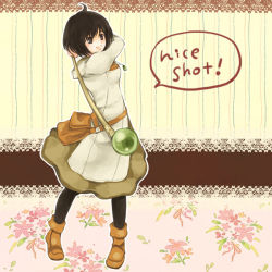 Rule 34 | 1girl, :d, bag, black hair, black pantyhose, blush stickers, boots, brown eyes, dress, english text, fire emblem, fire emblem: radiant dawn, floral background, flower, jewelry, laura (fire emblem), long hair, necklace, nintendo, open mouth, pantyhose, short hair, smile, solo, staff, swing, yukaris