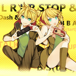 Rule 34 | 1boy, 1girl, :q, aqua eyes, blonde hair, brother and sister, controller, famicom, game console, kagamine len, kagamine rin, looking at viewer, nes, remote control, remote control (vocaloid), short hair, siblings, smile, tongue, tongue out, twins, vocaloid