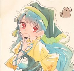 Rule 34 | 1girl, backlighting, blue hair, closed mouth, frilled sleeves, frills, from side, green headwear, hair behind ear, hand on own chin, hand up, haniwa (statue), haniyasushin keiki, head scarf, itomugi-kun, long hair, looking at viewer, looking to the side, puffy short sleeves, puffy sleeves, red eyes, sepia background, shiny clothes, shiny skin, short sleeves, simple background, smile, solo, swept bangs, touhou, upper body