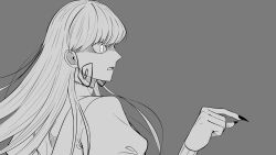 Rule 34 | 1girl, black nails, fabricant 100, fabricant number 100, greyscale, highres, long hair, mannma17, monochrome, open mouth, pointing, profile, puffy sleeves, simple background, solo, stitched neck, stitches