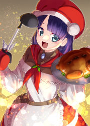 Rule 34 | 1girl, apron, belt, blue eyes, blunt bangs, brooch, brown belt, brown shirt, christmas, commentary request, fate/grand order, fate (series), food, frilled apron, frills, fur-trimmed skirt, fur trim, hat, highres, holding, holding food, holding ladle, holding plate, jewelry, ladle, long hair, long sleeves, looking at viewer, martha (fate), martha (santa) (fate), mittens, open mouth, plate, purple hair, red hat, red scarf, red skirt, ryofuhiko, santa hat, scarf, shirt, skirt, smile, solo, tongue, turkey (food), twitter username, upper body, white apron