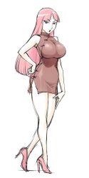 Rule 34 | 1girl, breasts, character request, china dress, chinese clothes, crayon shin-chan, dress, high heels, large breasts, long hair, looking at viewer, omega ranran, red hair, simple background, solo, ueyama michirou, white background