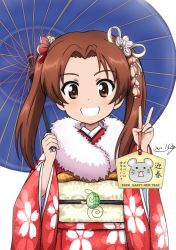 Rule 34 | 1girl, 2020, artist name, brown eyes, brown hair, bukkuri, chinese zodiac, commentary request, dated, emblem, female focus, floral print, flower, fur scarf, girls und panzer, grin, hair flower, hair ornament, happy new year, highres, holding, holding umbrella, japanese clothes, kadotani anzu, kimono, long hair, long sleeves, looking at viewer, matching hair/eyes, mouse print, nengajou, new year, obi, oil-paper umbrella, parted bangs, red kimono, sash, scarf, signature, simple background, smile, solo, translation request, turtle, twintails, umbrella, upper body, v, white background, white scarf, wide sleeves, year of the rat