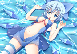 Rule 34 | 1girl, adapted costume, asymmetrical legwear, bare arms, between breasts, blue bow, blue dress, blue eyes, blue hair, blue skirt, bow, breasts, cirno, dress, hair bow, highres, ice, ice wings, looking at viewer, lying, matching hair/eyes, midriff, mouth hold, navel, no bra, no panties, on back, on ground, open clothes, open dress, open fly, ribbon, ribbon in mouth, skirt, small breasts, smile, solo, striped clothes, striped thighhighs, thighhighs, touhou, uneven legwear, unzipped, water, whitey, wings, zettai ryouiki